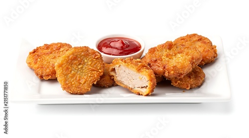 Crispy golden chicken nuggets served with a side of ketchup on a white plate.
