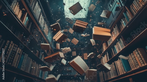 Floating books in magical library with endless rows of shelves