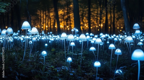 Enchanted night landscape with glowing mushrooms and full moon