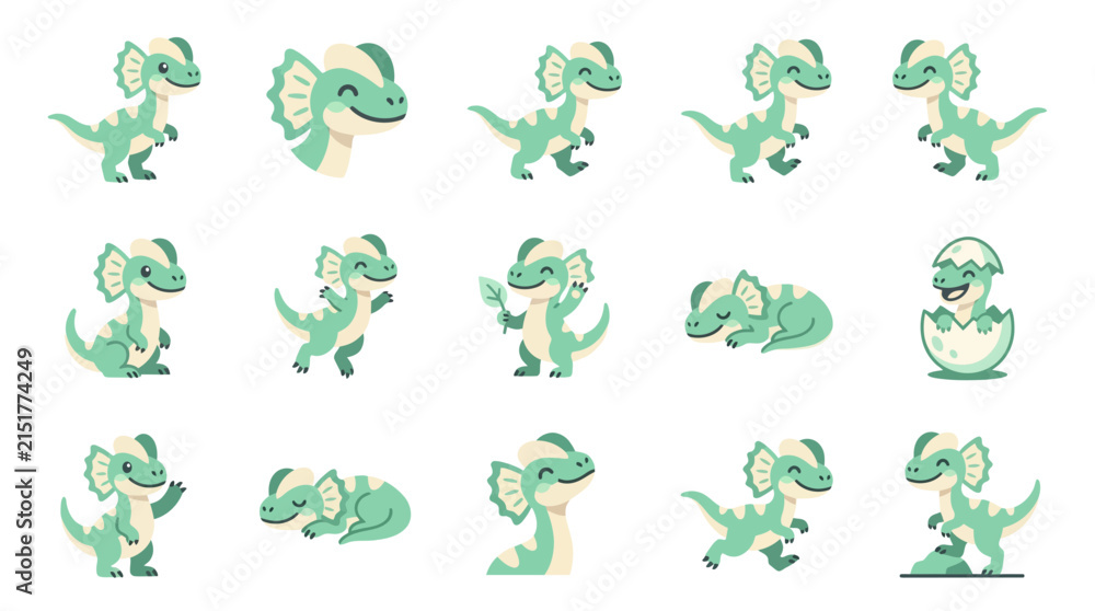 Fototapeta premium Baby Dilophosaurus dinosaur hatchling and cute nursery icons.