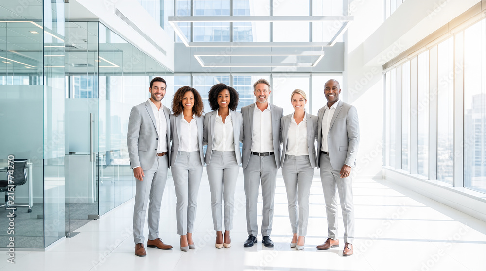 Fototapeta premium Diverse business team standing together smiling inside bright modern corporate office building wearing matching light grey professional executive suits looking forward