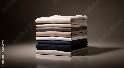 Neatly folded stack of casual t-shirts in various neutral colors.