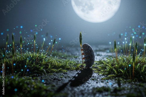 Fantasy Macro Shot of a Small Creature in a Glowing Bioluminescent Forest Under Moonlight