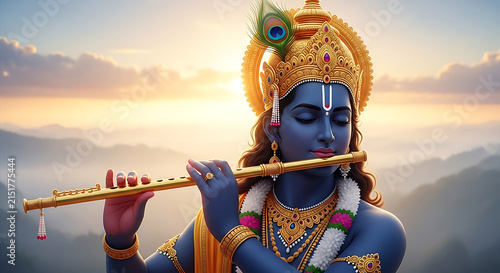 Lord krishna playing the flute with peacock feather and golden ornaments