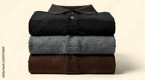 Stack of three folded polo shirts in black grey and brown colors.