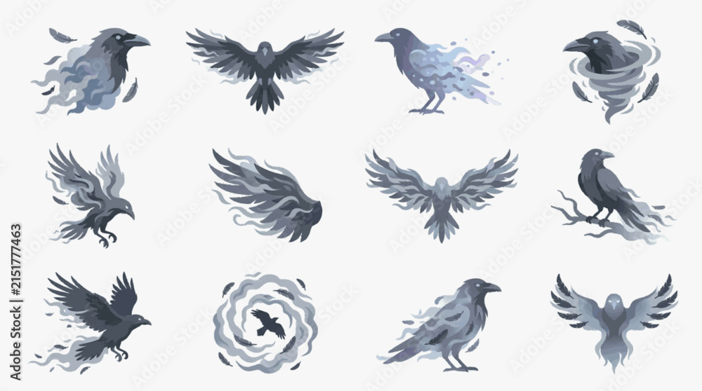 Naklejka premium Pixel art collection of twelve raven and crow icons featuring mystical smoke effects, spirit birds in flight, perching on branches, and ethereal feather transformations on white background.