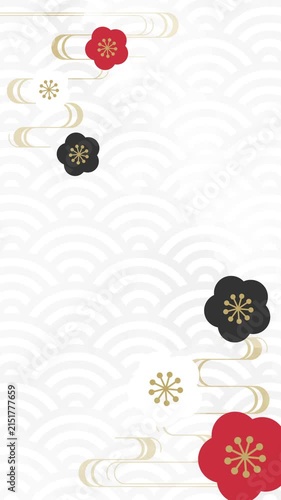 梅の花が回転する青海波と霞模様の縦長和柄背景フレームアニメーションビデオ　ループ可