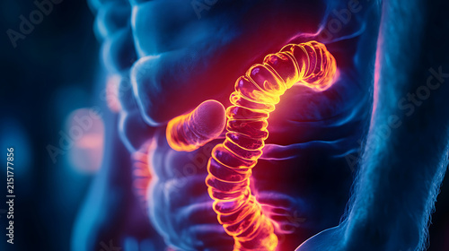 Anatomical Illustration of Human Colon with Inflammation and Pain.
