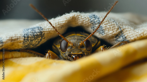 Closeup View of Cockroach Hiding Under a Blanket.