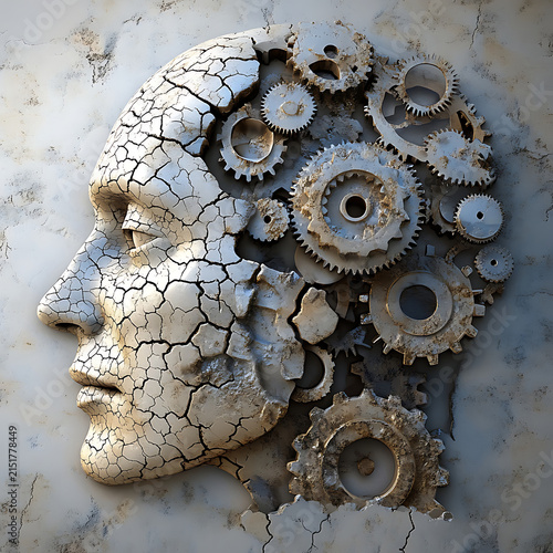 Cracked Human Head Sculpture with Internal Gears and Cogs