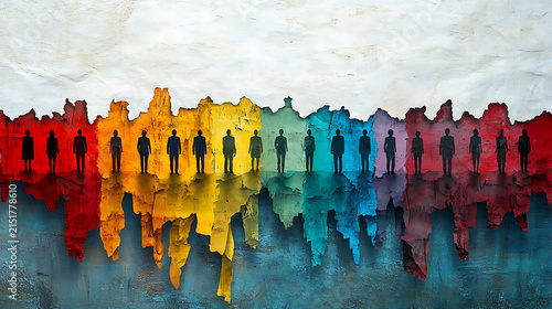 Diverse Silhouetted People Standing Together in Rainbow Colors.