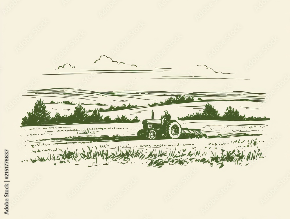 Obraz premium Vintage style illustration of a farmer driving a tractor in a field