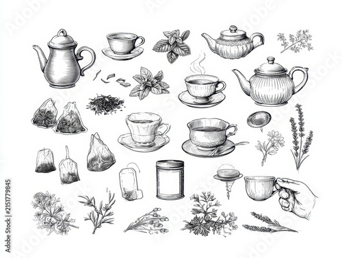 Handdrawn tea set illustration with teapots, cups, herbs, and tea bags isolated on white background