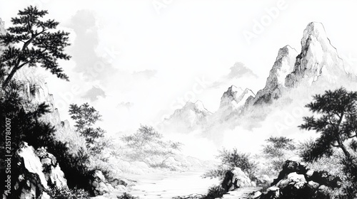 Tranquil asian mountain landscape in traditional ink wash art style