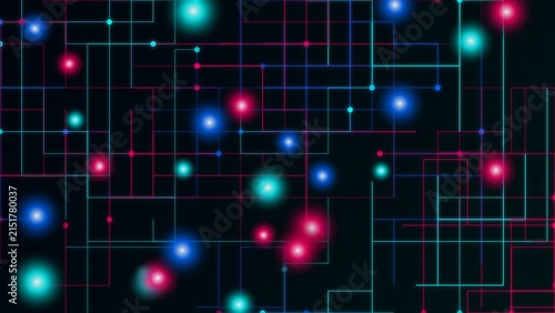 Abstract digital network grid background, with thin lines, and glowing circular, nodes in vibrant, shades of cyan, blue, and magenta, color tones