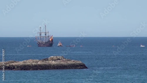 Historic Galleon with Spanish flag sailing close to the coast of Ireland in County Donegal