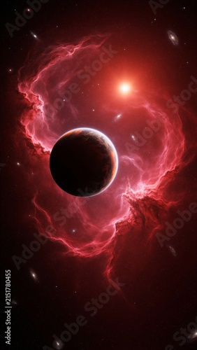 Cinematic Space Voyage Featuring a Lonely Planet Surrounded by a Glowing Red Nebula
