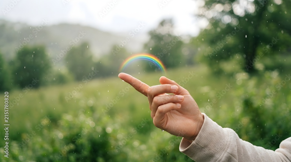 Obraz premium Hand touching a small rainbow in a rainy meadow, nature concept of hope and magic.