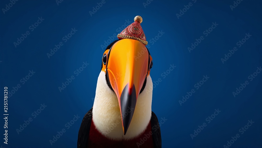 Naklejka premium Toucan wearing a tiny festive hat against a solid blue background, showcasing vibrant colors and intricate details of the bird's plumage and headwear