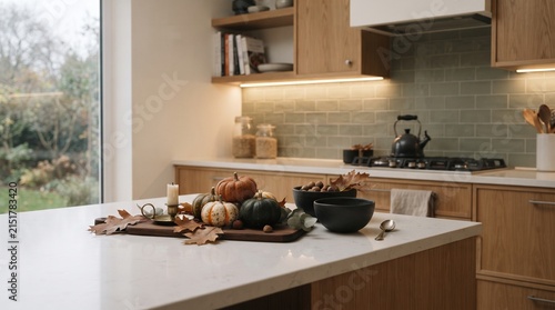 Modern kitchen with fresh vegetables on countertop.