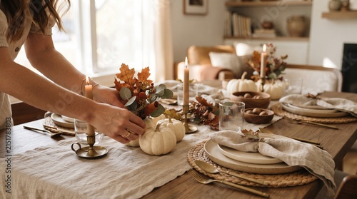 Woman arranging autumn table setting with pumpkins and candles.