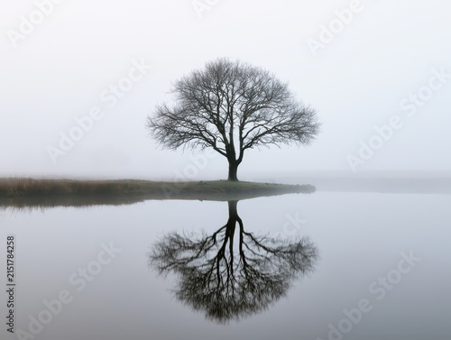 A solitary bare tree standing in a calm lake during a foggy morning with a perfect reflection on the water surface