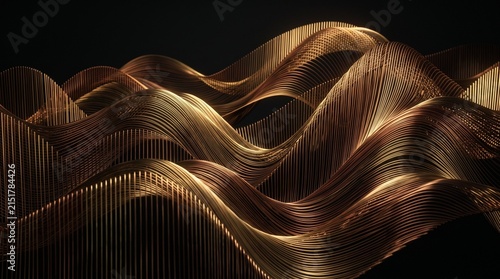 Abstract background featuring flowing golden metallic lines creating a 3D wave pattern with smooth light reflections against a dark black backdrop