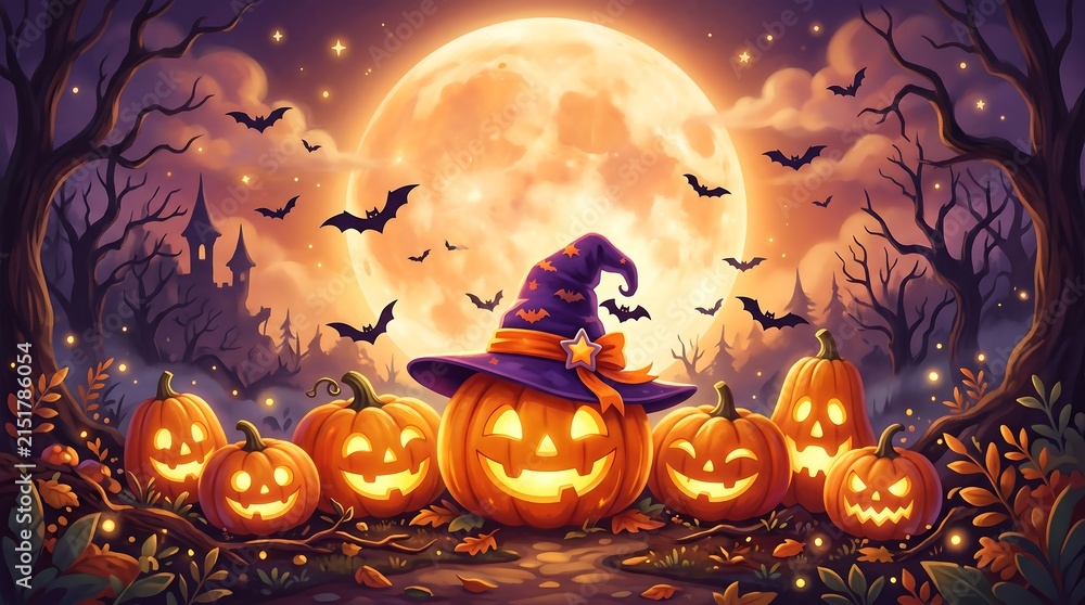 Fototapeta premium A vibrant halloween scene features glowing jack o lanterns wearing a witch hat under a massive full moon with flying bats in a spooky forest