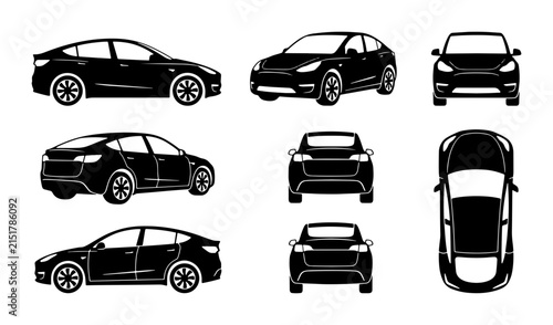 Modern Electric Car Icons, Sedan & Hatchback Vector Set, Black Silhouette Vehicle Views