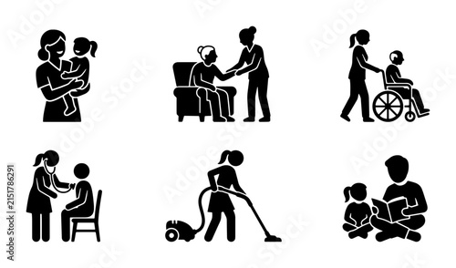 Caregiver Icons Set: Family, Health, Home Assistance, Elderly Support, Childcare