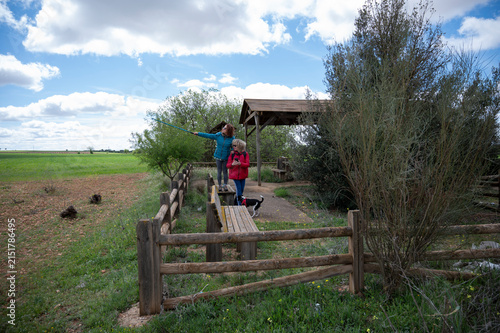 Two middle aged women enjoying a countryside hike as one points toward the landscape with a walking pole while their small dog explores nearby