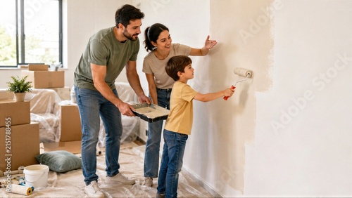 First paint stroke becomes family milestone as child joins parents in decorating new home, expressing belonging, teamwork, confidence and joyful shared progress together.