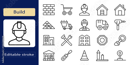 Construction Industry Outline Icon Set with Builder, Hard Hat Worker, Tools, Buildings, Houses, Crane and Safety Equipment, Editable Stroke Vector Collection for Engineering.