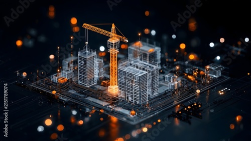 Digital twin smart city construction concept showing wireframe building architecture on microchip circuit board