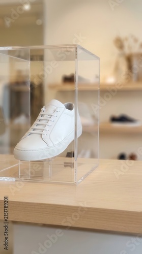 A pristine white leather sneaker showcased within a crystal-clear acrylic display case