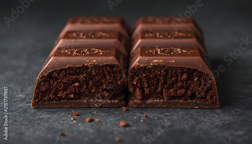 macro shot of a thick bar of dark chocolate snapped cleanly in half
