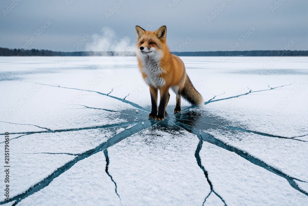 Naklejka premium Red Fox Standing on Cracked Frozen Lake Surface in Winter Landscape