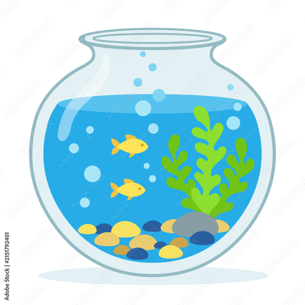 Naklejka premium Glass Fishbowl with Goldfish Underwater Seaweed and Pebbles