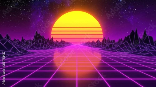 Retro futuristic landscape with glowing grid and large sun