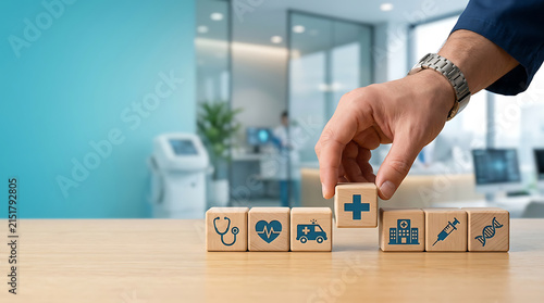 Healthcare and Medical Concept with Blocks, Healthcare concept with hand arranging wooden blocks with medical icons on table, medical insurance, healthcare management, and medical business innovation 