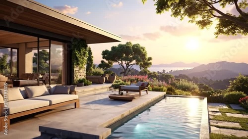 Luxury home with pool and scenic view at sunset