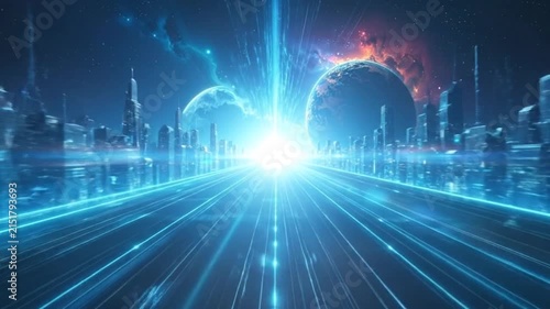 A futuristic city street leads toward a glowing cosmic horizon