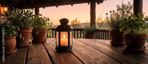 Cozy Wooden Terrace at Sunset with Lit Lantern and Potted Herbs