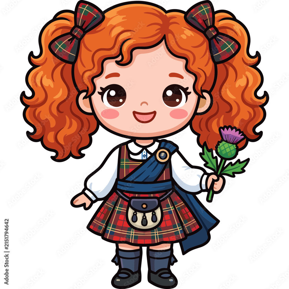Fototapeta premium Cute Scottish girl in traditional tartan kilt holding a thistle flower vector illustration
