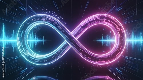 A glowing neon infinity symbol floats in a digital space