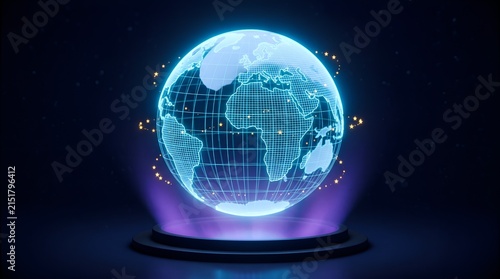 Globe hologram projection illuminates a dark stage to demonstrate global connectivity and advanced data visualization in a modern digital environment.