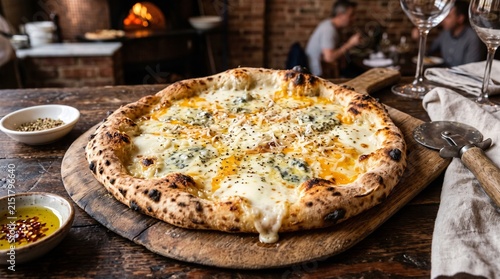 Pizza Quattro Formaggi: Three-quarter view of a white pizza with an irregular, artisan crust and large, dynamic melting sections of four distinct Italian cheeses: Mozzarella, Gorgonzola, Fontina, and 