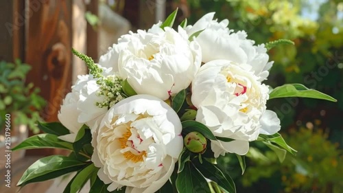 A beautiful bouquet of fresh white flowers in the bright sunlight