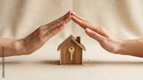 Female hands form a protective roof shape over a small wooden house model with a metal key symbol featured prominently on the front facade showcased cleanly isolated on transparent background
