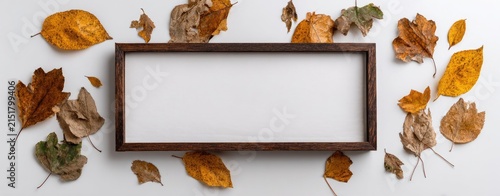 Empty wooden frame surrounded by autumn leaves on white background
